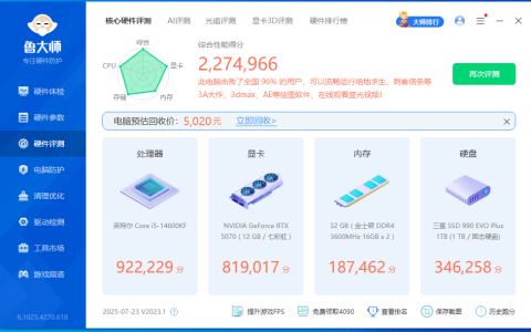 I5 14600KF加七彩虹RTX5070显卡鲁大师跑分结果